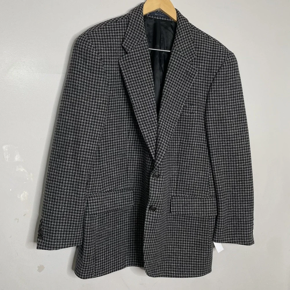 Vintage Chaps Ralph Lauren Gray Houndstooth Wool Blazer Sport Coat Mens 44T Tall